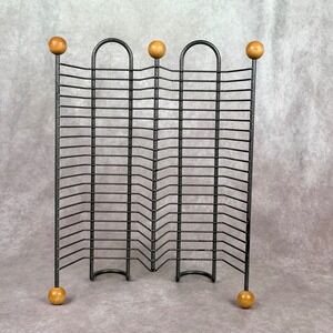 Vintage Y2K Metal Wire CD Rack 40 Slot Speckled Black Finish Wood Ball Accents